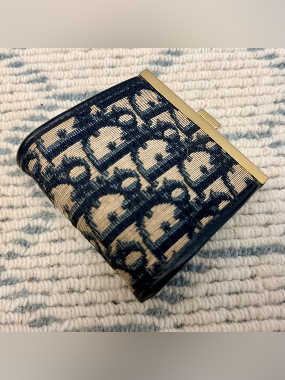 DIOR Vintage Rare Blue Trotter Monogram Canvas Kiss Lock Coin Purse W/ Gold - Picture 7 of 12